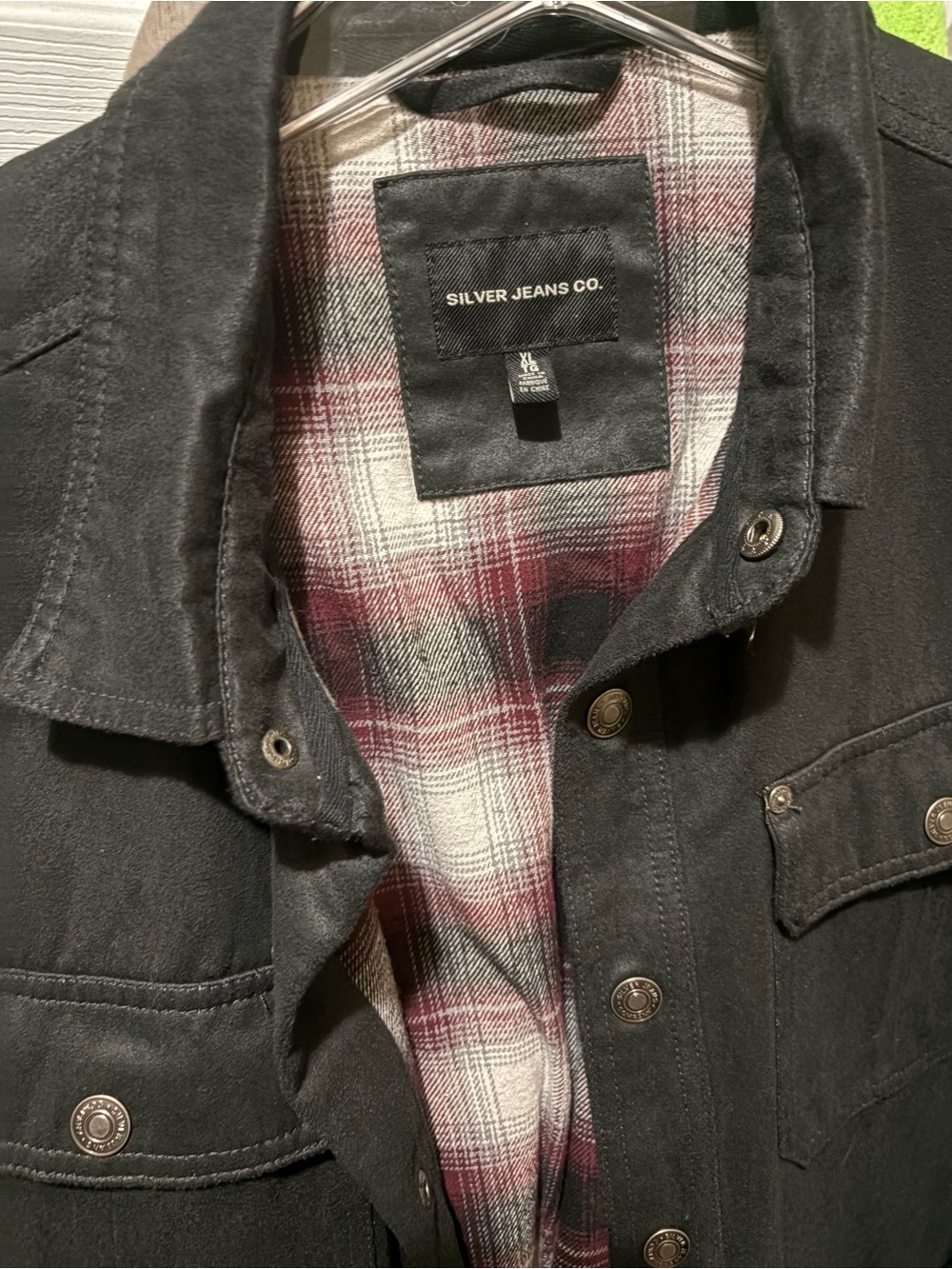 Silver Jeans Black Shirt Jacket with Red Plaid Lining